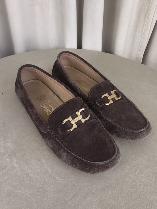 Salvatore Ferragamo Shoes - Vintage Salvatore Ferragamo Brown Suede Bit Loafers with Gold Hardware